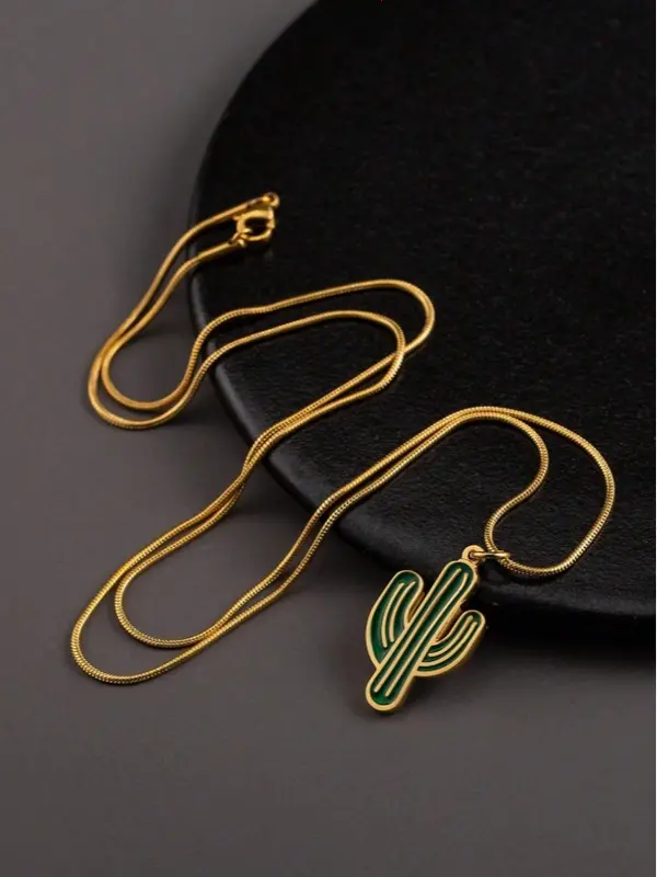 One Stainless Steel 18K Gold Plated Fashionable Cactus Pendant Necklace In Green, Suitable For Men And Women Vacation Accessories 4