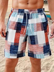 Men's Plaid Print Pocket Beach Shorts, Loose Casual Quick Drying Swim Shorts for Summer, Men's Shorts for Beach Vacation