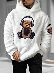 Men's Cartoon Bear Print Drop Shoulder Plush Hoodie, Fashion Casual Regular Fit Pocket Hooded Sweatshirt for Daily Holiday Outdoor Wear, Men Clothes for Fall & Winter