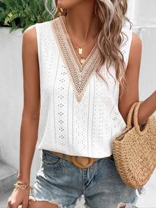 Women's Hollow Out V Neck Tank Top, Basic Casual Fitted Sleeveless Vneck Top for Summer, Ladies Clothes for Daily Wear, Everyday Womenswear, Casual Fashion Sleeveless Top