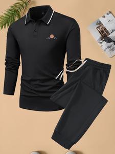 Two-Piece Set Men's Graphic Pocket Co-ord Set, Casual Long Sleeve Polo Shirt & Drawstring Waist Sweatpants, Fashion Cozy Men's Two-piece Outfits for Spring & Fall