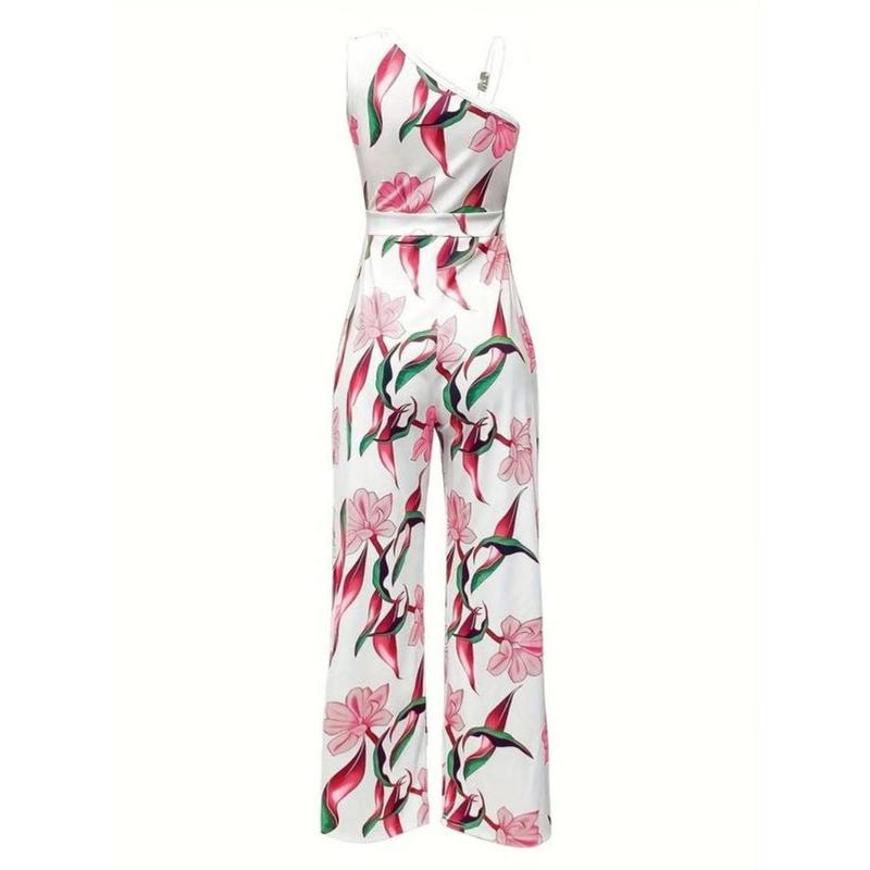 Women's Floral Print Ring Linked Asymmetrical Neck Plicated Jumpsuit, Boho Casual High Waist Wide Leg Jumpsuit for Summer, Summer Clothes 8