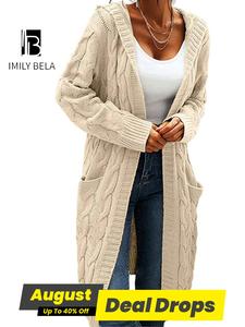 Women's Pocket Drop Shoulder Cardigan, Hooded Long Sleeve Warm Top, Casual Textured Knit Open Front Cable Outwear, Sweaters for Women