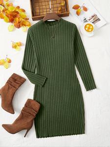Plus Plain Lettuce Trim Mock Neck Bodycon Dress, Casual Long Sleeve Knit Dress, Knitwear for Autumn & Winter, Lady Comfort Minimalist Basic Casual Wear, Women's Clothes, Womenswear