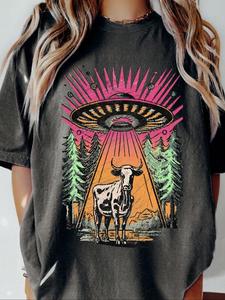 Women's UFO & Cow Print Round Neck Tee, Fashion Casual Crew Neck T-shirt for Daily Holiday Vacation Outdoor Wear, Ladies Clothes for Summer, Top