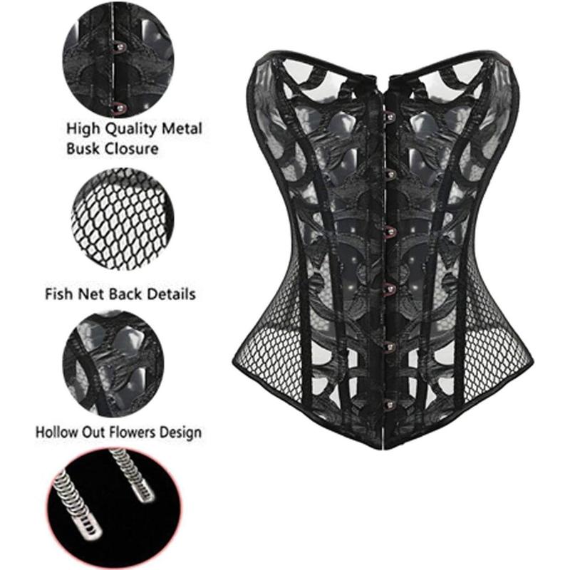Kelvry Women's Sexy Satin Waist Cincher Lace up Boned Overbust Corset Basque Bustier Top Black 6-24 3