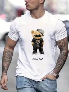 Men's Regular Fit Bear Print Round Neck Tee, Casual Short Sleeve Crew Neck T-shirt for Summer, Fashion Men's Top for Daily Wear, Tropical