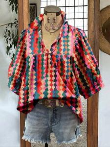 Women's Ruffled Trim Blouse, Casual V Neck Nine-point Sleeve Top for Summer, Women's Clothing for Daily Wear, Baggy Womenswear, Lady Casual Style Shirt