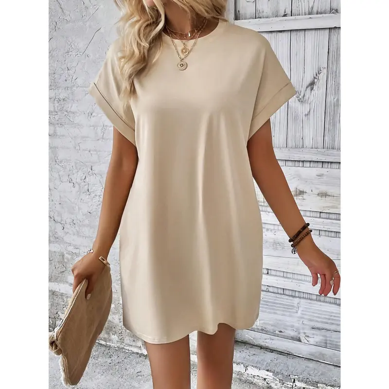 INAWLY Solid Batwing Sleeve Hidden Pocket Tee Dress Casual Womenswear Summer Comfort Apricot Basic Minimalist Shortsleeve 4