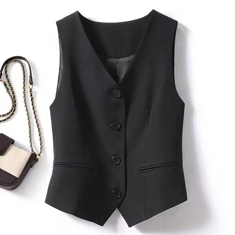 Product Introduction of Elegant Sleeveless Blazer Vest for Women - V-Neck, Button Front, Lightweight & Versatile, Perfect for Casual or Formal Occasions, White Polyester Vest with Faux Pockets Womenswear Clothes 24