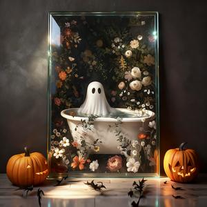 Halloween Bathroom Ghost Pattern Unframed Canvas Painting, 1 Count Modern Style Wall Art, Wall Decor for Home Living Room Bedroom Office School