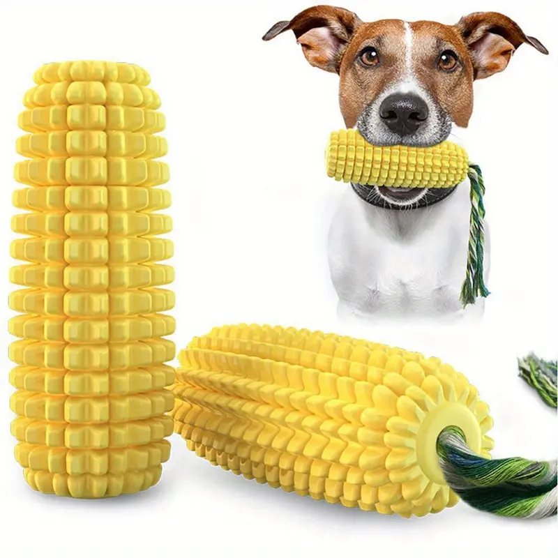 Interactive Corn-Shaped Dog Chew Toy with Squeaker - Durable Rubber Dental Care Stick for All Breeds 2
