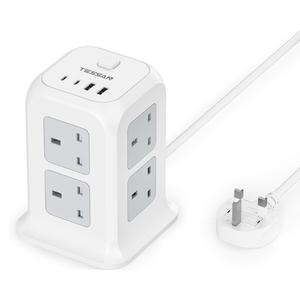 Tower power socket expander ,4 USB Slots (2 USB C), TESSAN Extension Lead 13A 3250W, 8 Way Multi Plug Socket Power Strip with Switch and usb plug in, Multiplug Adaptor with 2M Cable for Home, Office, School