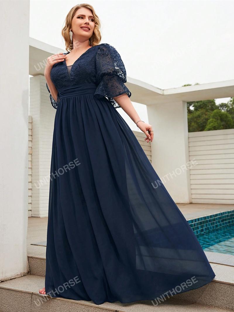Product Introduction of Gown Floral Waist Lantern Neck V - Sleeve Pleated Embroidery Chiffon Spliced Ball Dress 31