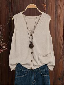 Women's Solid Color Button Front Sweater Vest, Casual Sleeveless V Neck Knitwear for Summer, Fashion Women's Knit Clothing for Daily Wear, Summer Tops, Womenswear