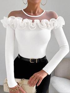 Women's Plain Contrast Mesh Tee, Elegant Long Sleeve Top for Spring & Fall, Women's Clothing for Daily Wear