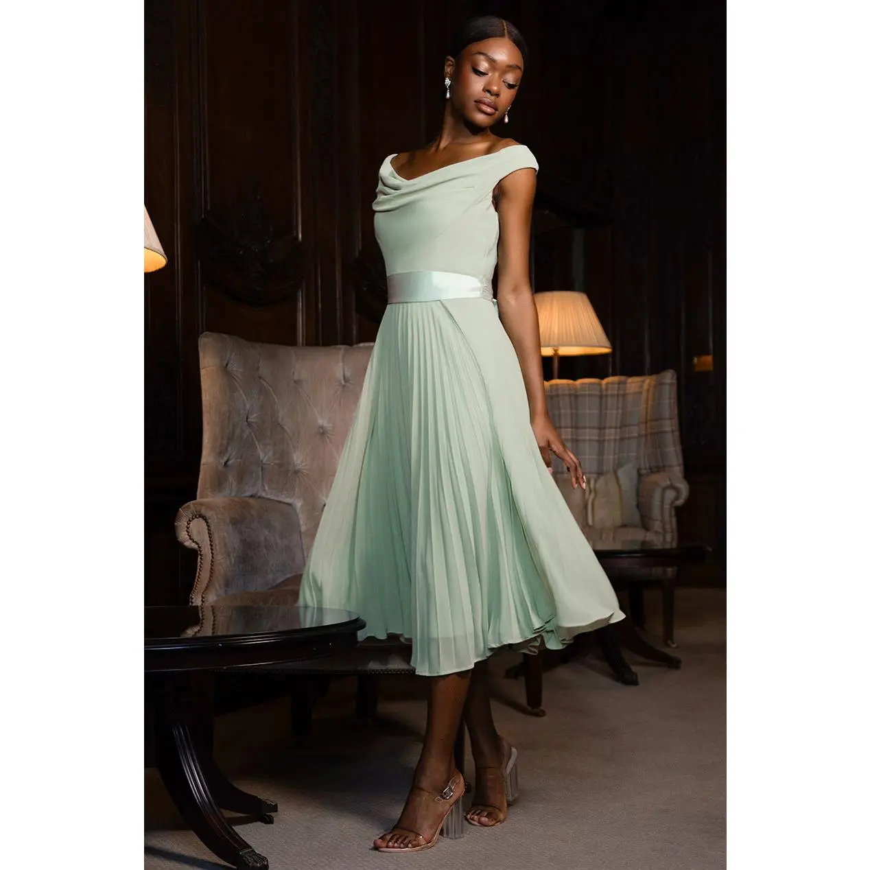 Goddiva Cowl Neck Pleated A-Line Chiffon Midi Dress - Sage Green