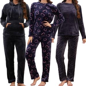Ladies Fleece Pyjama Set Thick Fleece Cosy Long Sleeve T-Shirt & Bottom Pants Sleepwear Loungewear Nightwear for Women Soft Top & Trousers Size S-XL