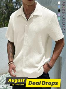 Men's Textured Button Front Shirt, Casual Regular Fit Short Sleeve Collared Top for Summer, Summer Leisure Top 2024, National Day Clothing, Men's Clothes for Daily Wear
