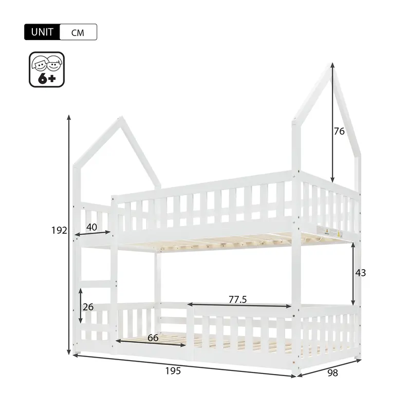 Bunk Bed, Twin Sleeper Bed with Ladder, Solid Wood Frame 3FT Single bed, Gaming Bed, Castle-shaped Bed 90 x 190 cm Children's Bed room Furniture, Wooden Bed Frame for Kids Children (White) 8