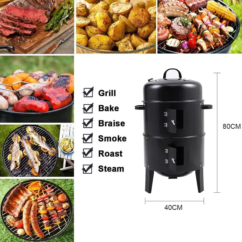 Warmiehomy Round Smoker BBQ Charcoal Barbecues with Temperature Gauge BBQ Charcoal Grill 2 Tier Outdoor for Party Camping, Black Black-1 4