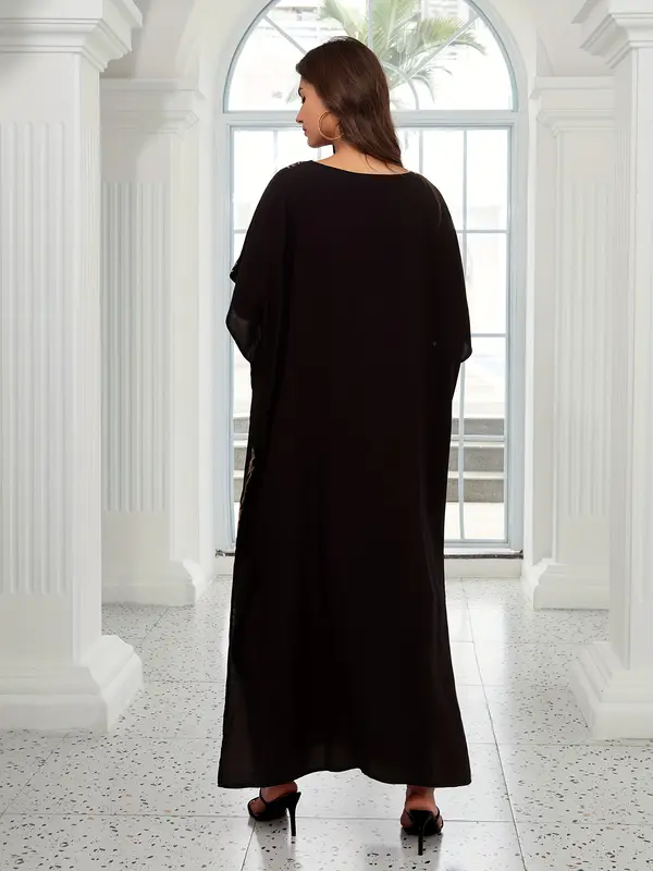 EDOLYNSA Plus Size Women's Middle Eastern-Inspired Casual Short Sleeve Batwing Sleeve V-Neck Split Hem Maxi Kaftan Dress - Lightweight Beach Dress for Spring Summer Fall, Hand Wash Only, Vacation Outfit, Loose Fit, Flowy Material, Vacation Wardrobe 5
