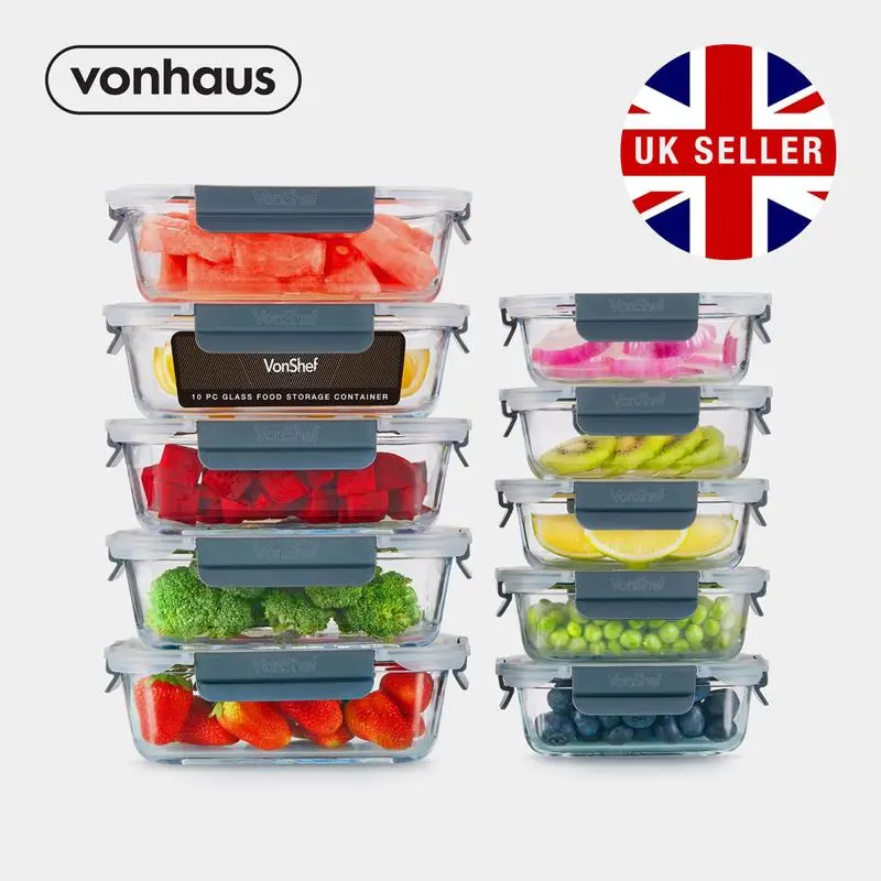 10pc Glass Food Storage Containers - 2 sizes - 1050ml and 370ml Kitchen Set