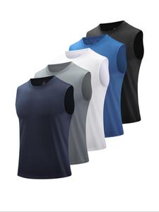 Men's 5pcs Solid Round Neck Sleeveless Sports Vest, Breathable Comfortable Quick Drying Sweat-absorbing Tank Top for Running Outdoor Exercise Basketball Training, Sport & Outdoor Clothing for Summer, Gym Clothes