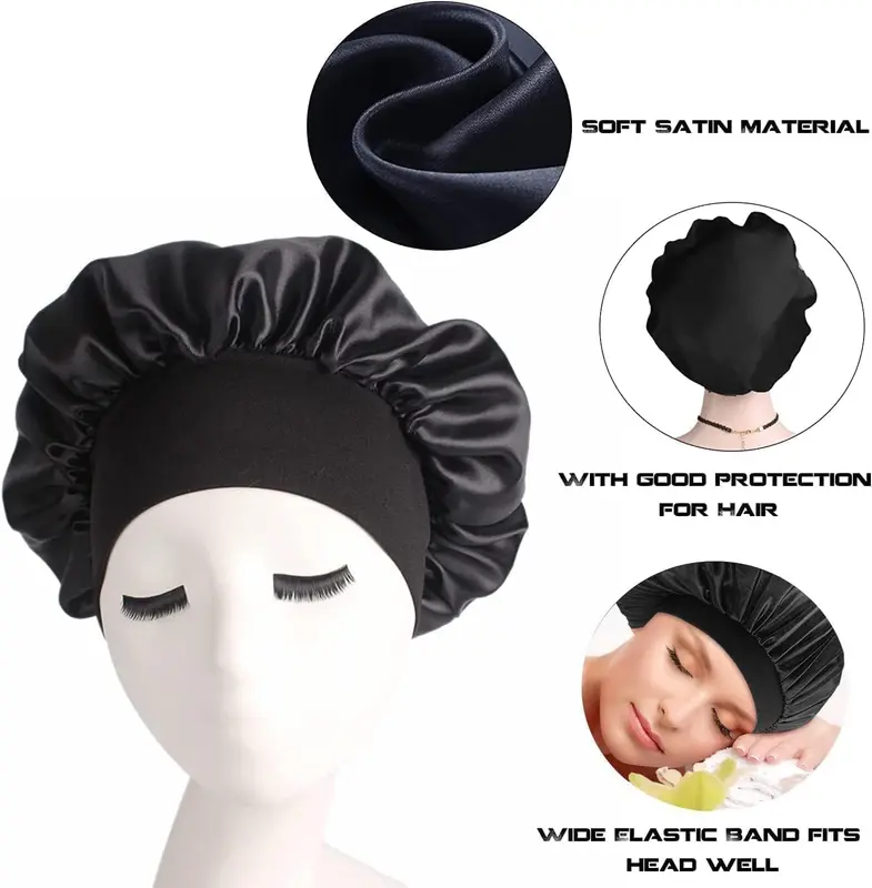 Silk Hair Wrap for Sleeping, Hair Bonnet, 1pcs Night Sleep Cap for Women Girls, Hair Care Head Cover Elastic Hat for Black Curly Hair. 2