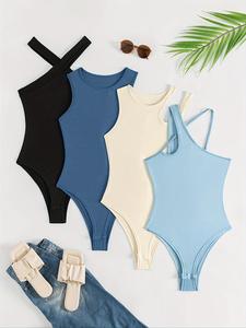 Women's Solid Color Bodysuit, Casual Sleeveless Bodysuit for Beach Holiday Vacation, Ladies Clothes for All Seasons Piece