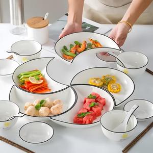 Ceramic Dinner Plate Set, 4/5 Counts/set Moon Shaped Dinner Plate with Sauce Dish, Household Tableware for Home Kitchen Dining Room