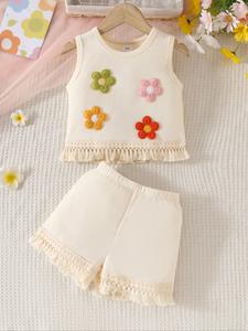 Two-piece Set Girl's Floral Embroidery Tank Top & Shorts, Cute Casual Sleeveless Round Neck Top & Shorts Outfit for Summer, Kids Clothes for Daily Wear, Clothing, Low Cut Tops on Girls, Newborn Baby Clothing, Summer Gift Set