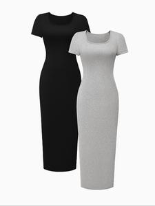 Women's Plain Square Neck Ribbed Bodycon Dress, Casual Short Sleeve Tee Dress for Daily Wear, Ladies Clothes for All Seasons