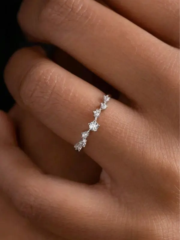 1pc Minimalist Micro Pave 7 Cubic Zirconia Round Stone Copper Ring, Suitable For Women Daily Wear Engagement Wedding Jewelry Gift 4