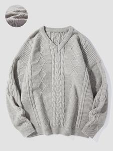 Men's Solid V Neck Cable Knit Sweater, Regular Fit Casual Drop Shoulder Long Sleeve Jumper, Men's Knitwear for Fall & Winter