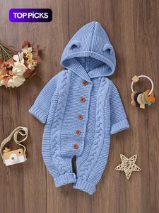 Baby's Solid Twist Textured Button Front Hooded Sweater Jumpsuit, Cute Casual Long Sleeve Jumper Onesies for Newborn Infant Kids Daily Wear, Babies Fall & Winter Knitwear