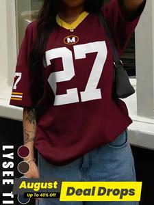 Women's Number Print V Neck Tee, Casual Chic Minimalist Fitted Short Sleeve T-shirt for Summer, Women's Top for Daily Wear, Womenswear, Lady Tshirt, Streetwear