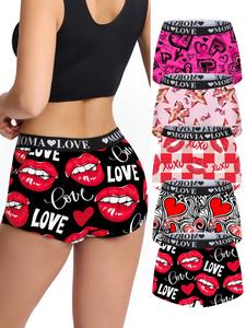 5-Pack Women's Fashion Print Panties Set, Heart & Letter Design, Soft Comfortable Briefs, Elastic Waistband, All Seasons Wear, Fashion Comfy Underwear