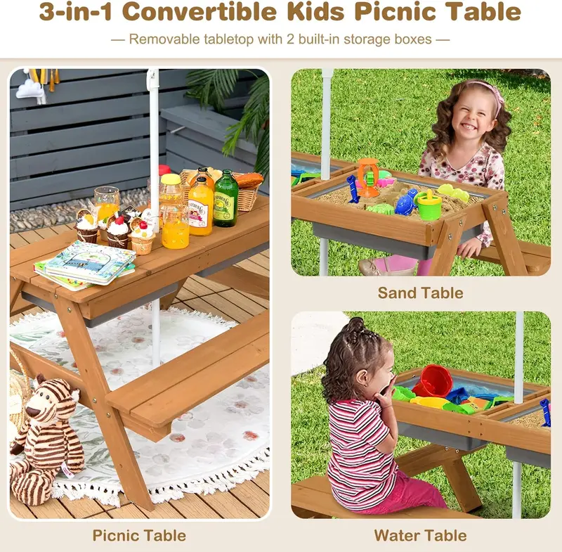 COSTWAY Kids Picnic Table, 3-in-1 Wooden Sand & Water Play Table and Bench Set with Adjustable Umbrella and Detachable Tabletop, Children Garden Furniture Parasol for Girls Boys 1