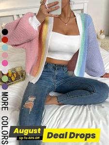 Women's Patchwork Print Drop Shoulder Open Front Cardigan, Aesthetic Fit Fashion Casual Longsleeves Knitwear Top for Spring & Fall, Sweater Cardigans, Cute Clothes for Women, Comfort Knitting Womenswear, Lightweight Knitwear, Relaxed Fit Cardigan