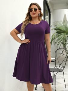 【Plus Size】Plain Pocket Round Neck Tee Dress, Summer Clothes Women, Women's Casual Comfy Chic Short Sleeve A Line Dress for Summer, Lady Plus Size Clothing for Daily Wear, Summer Dresses