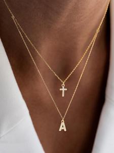 Letter & Cross Design Pendant Necklace, Stainless Steel Double Chain Necklace for Women, Trendy All-match & Exquisite Jewelry for Birthday Gift