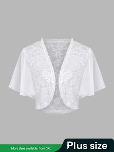 Women's Plus Size Contrast Mesh Sheer Butterfly Sleeve Crop Cardigan, Casual Short Sleeve Open Front Knitwear for Summer, Women's Plus Clothing for Daily Wear