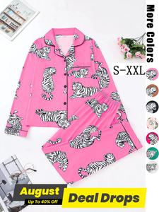 Women's All Over Tiger Print Lapel Pocket Blouse & Elastic Waist Pants Pyjama Two-Piece Set, Casual Comfy Long Sleeve Button Front Top & Trousers PJ Set, Ladies Sleepwear for Spring & Fall, Loungewear Set Women