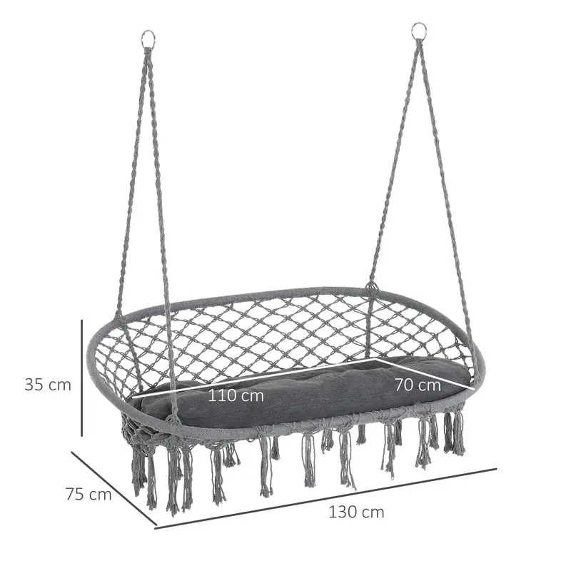 Outsunny Two-Seater Boho Macrame Hammock Swing - Grey 2
