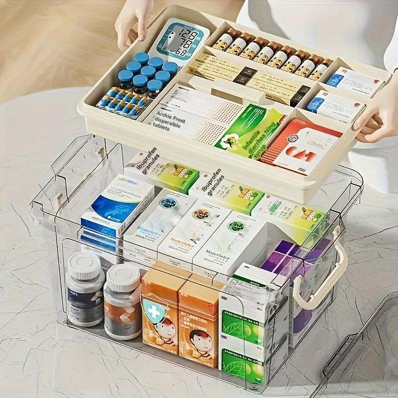 Product Introduction of Double-Layer Clear Waterproof  Box with Black Handle - Ideal Pill Organizer for Home, Bedroom desk , and Emergency Supplies   Plastic, Transparent, Compartment, Container, Household, lightweight, Multicolour storage bags 21