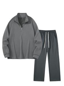 Men's Solid Half Zip Up Hoodie & Pants Set, Casual Long Sleeve Hooded Sweatshirt & Pants for Spring & Fall, Men's Two-piece Outfits for Daily Wear