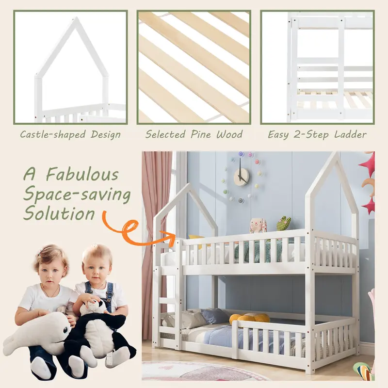 Bunk Bed, Twin Sleeper Bed with Ladder, Solid Wood Frame 3FT Single bed, Gaming Bed, Castle-shaped Bed 90 x 190 cm Children's Bed room Furniture, Wooden Bed Frame for Kids Children (White) 5