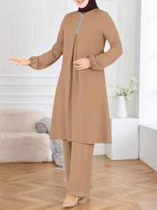 Women's Fashion Plain Long Sleeve Top and Wide Leg Pants Set, Loose Fit Casual for All Seasons, Elegant Arabic Clothing