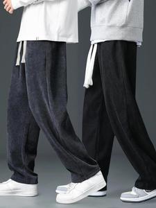 Men's Solid Pocket Drawstring Waist Corduroy Pants, Loose Casual Comfy Trousers for Fall & Winter, Men's Bottoms for Daily Wear